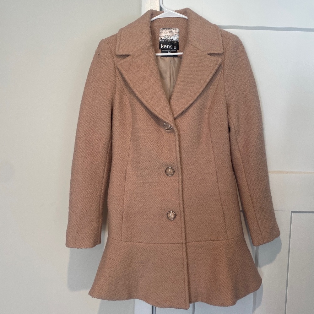 Kensie Blush Wool Blend Coat | Peplum Fit & Flare Jacket | Feminine Tailore